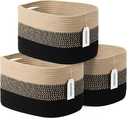 ECDYQXVU Cotton Rope Storage Basket - Woven Organizer for Shelves, Clothes & Towels | 15x10x9 Inches, Gradient Black/Brown (3 Pack)
