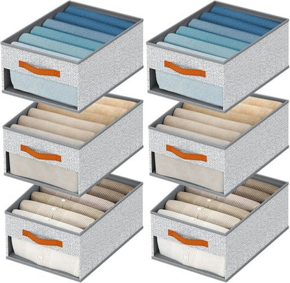 Homsorout Drawer Organizers - 6-Pack Foldable Pants Storage with Clear Window & Handles | Light Gray Fabric