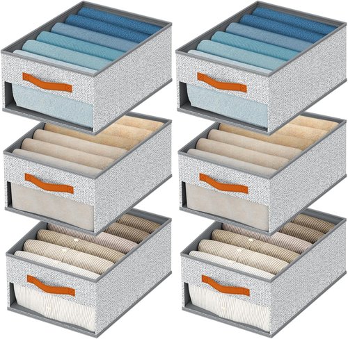 Homsorout Drawer Organizers - 6-Pack Foldable Pants Storage with Clear Window & Handles | Light Gray Fabric