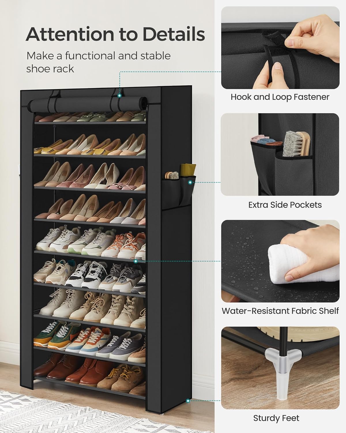 SONGMICS 10-Tier Shoe Rack - Dustproof Shoe Storage Cabinet for 40-50 Pairs | Free-Standing Organizer in Black