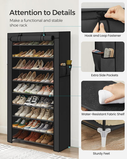 SONGMICS 10-Tier Shoe Rack - Dustproof Shoe Storage Cabinet for 40-50 Pairs | Free-Standing Organizer in Black