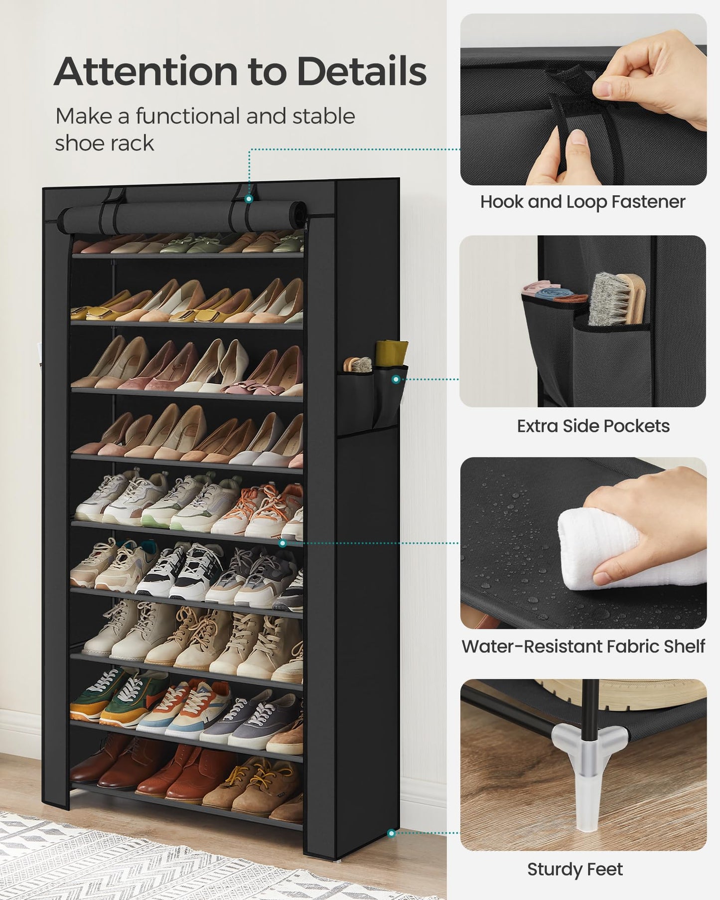 SONGMICS 10-Tier Shoe Rack, Shoe Storage Cabinet with Dustproof Cover, Free-Standing Shoe Storage Organizer for Closet, Entryway, Hold 40-50 Pairs of Shoes, for Sneakers, High Heels, Black URXJ36HV1