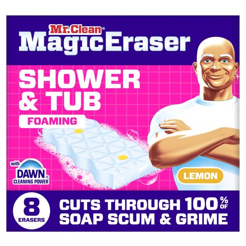 Mr. Clean Magic Eraser Sponge, Bathroom, Shower, Tub Cleaner, Soap Scum Remover, Bathroom Cleaning Supplies, Dawn Cleaning Power with Lemon Scent, Shower & Tub, 8ct