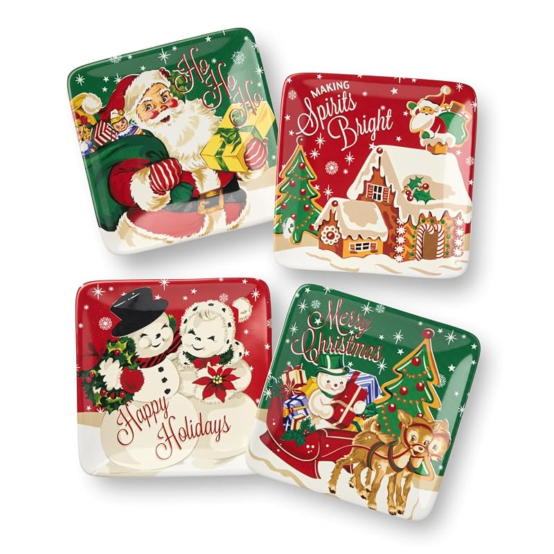 Santa’s Retro Christmas Canapé Plates - Set of 4 6" Assorted Holiday Dinner Plates