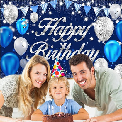 Happy Birthday Banner - Blue & Silver Party Decorations for Men, Women, Boys & Girls