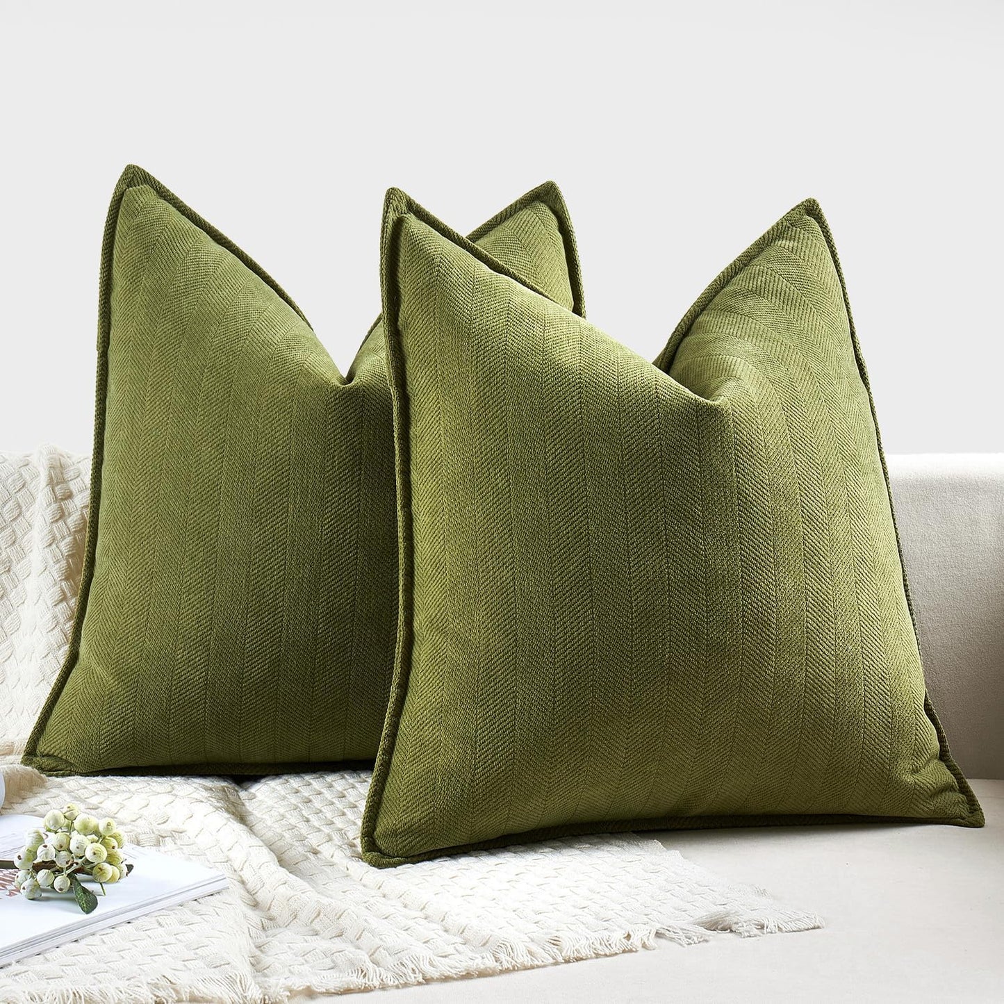 MIULEE Decorative Pillow Covers - Soft Chenille Moss Green | 18x18 Inch Farmhouse Cushion for Sofa & Bedroom