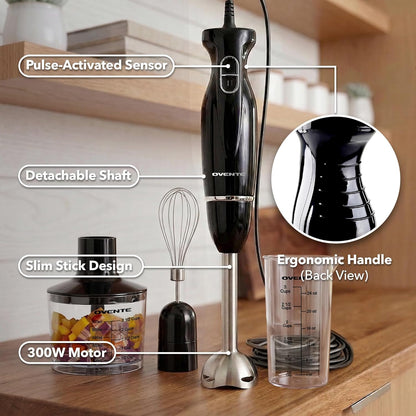 OVENTE Immersion Hand Blender Set - 300W Electric Stick Mixer with Stainless Steel Blades & Whisk, Black