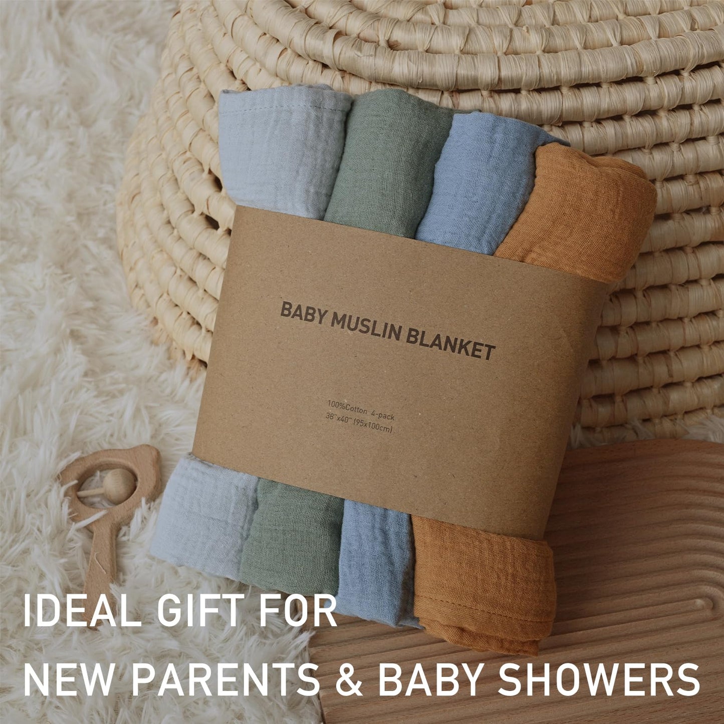 Muslin Swaddle Blankets for Baby Girls and Boys, 4 Pack Breathable and Skin-Friendly Newborn Receiving Blanket, 100% Cotton Swaddle Wrap, Essentials Infant Shower Items, Toddler Gift