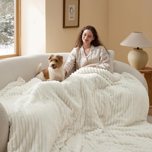Bedsure Comforter Set - GentleSoft™ 3-Piece Double-Sided Fleece Queen Size Bedding, Cozy White & Striped Design, 90x90 Inches