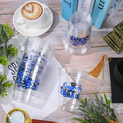 Whaline 50Pcs Graduation Plastic Cups - 12 Oz Congrats Grad Tableware in Black & Blue