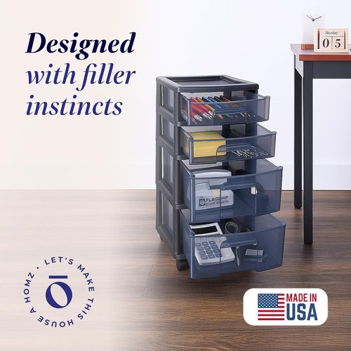 HOMZ 4-Tier Clear Plastic Storage Organizer Cart - Rolling Drawer Tower with Wheels for Easy Organization