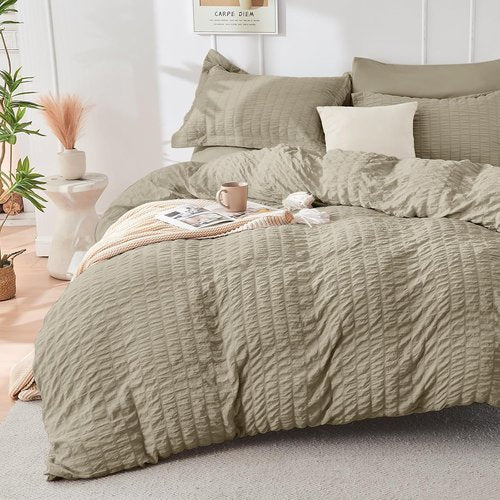HYMOKEGE Linen Full Size Comforter Set - All Season Luxury Bedding in Seersucker Design | 7 Pieces