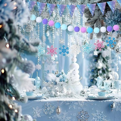 Fanfanwin Snowflake Birthday Banner Set - 5 Pcs Blue Felt Castle Decorations for Winter Celebrations