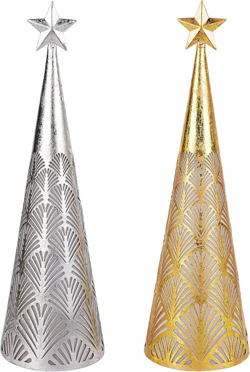 Juegoal Lighted Christmas Table Decorations - Battery Operated Cone Candle Lanterns | Set of 2 (Gold & Silver)