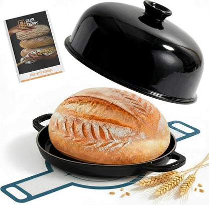 Kook Enameled Cast Iron Bread Oven - Versatile Baking Pan with Ceramic Lid & Handles | Black