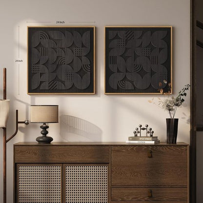 Framed 3D Black Abstract Wood Wall Art - Set of 2 Modern Geometric Paintings | Minimalist Decor for Living Room, Bedroom, Office - 24x24 Inch