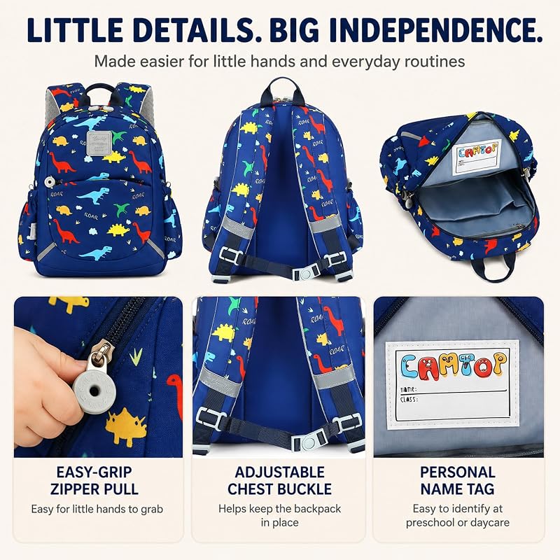 Camtop 12-Inch Toddler Backpack for Boys - Navy Dinosaur Lunch Bag Set