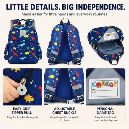 Camtop 12-Inch Toddler Backpack for Boys - Navy Dinosaur Lunch Bag Set
