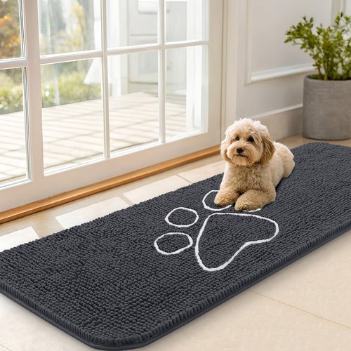 OLANLY Dog Door Mat for Muddy Paws 59x20, Paw Print Design, Absorbs Moisture and Dirt, Absorbent Non-Slip Washable Doormat, Quick Dry Chenille Mud Mat for Dogs, Entry Indoor Entryway Carpet, Dark Grey