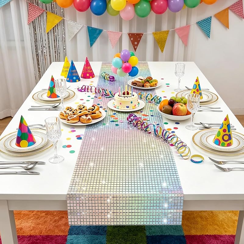 Whaline 71x12 Inch Glitter Disco Table Runner - Iridescent Silver Mirror Party Cloth (Variation: 1)