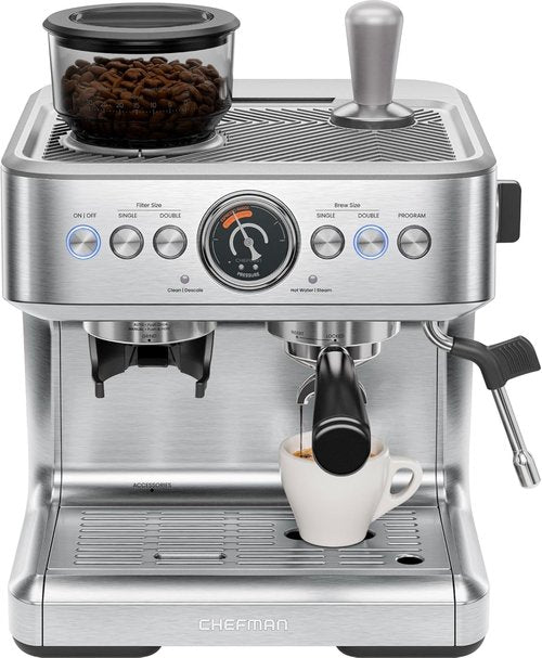 Chefman Crema Supreme Espresso Machine - 15 Bar Pressure, Milk Frother & Coffee Grinder, 3L Tank - Stainless Steel