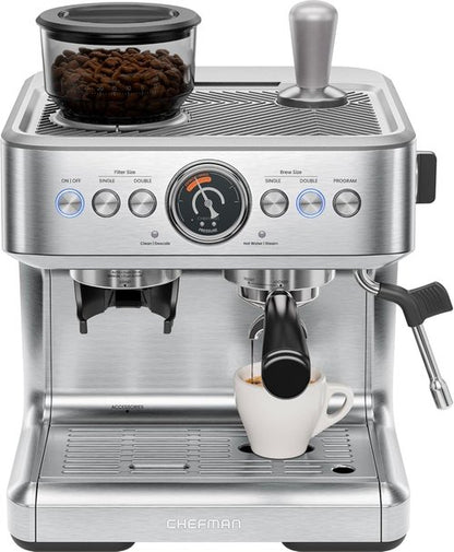 Chefman Crema Supreme Espresso Machine - 15 Bar Pressure, Milk Frother & Coffee Grinder, 3L Tank - Stainless Steel