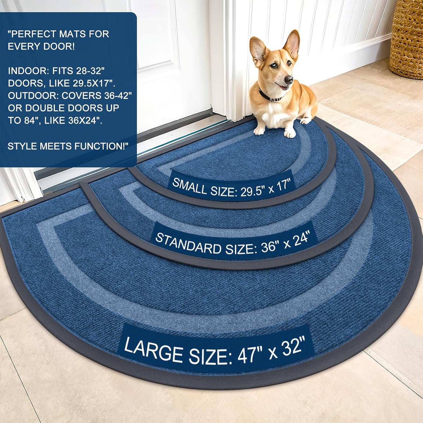 OLANLY Half Circle Door Mat - Waterproof All-Season Welcome Mat | Sturdy Natural Rubber, 33x21, Light Blue
