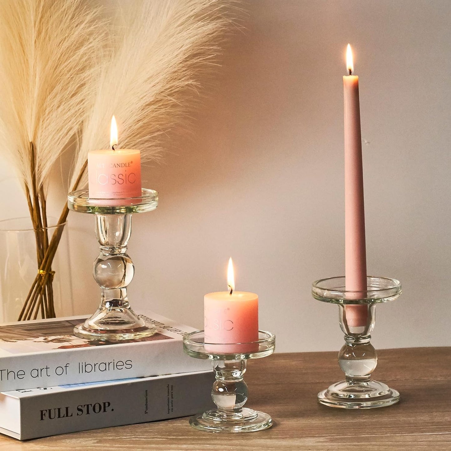 Skiennix Clear Candle Holders - Elegant Glass Pillar Set for Taper Candles | 3 Pieces