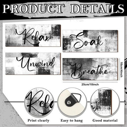 Maitys Bathroom Wall Art - 4 Pcs Rustic Wood Decor for Spa & Relaxation | 10 x 4 Inch Black & White