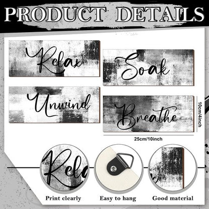 Maitys Bathroom Wall Art - 4 Pcs Rustic Wood Decor for Spa & Relaxation | 10 x 4 Inch Black & White