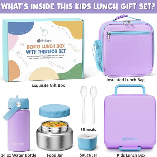 Fimibuke Kids Bento Lunch Box - Leakproof Insulated Food Jar & Water Bottle | 3-4 Compartment Container for School
