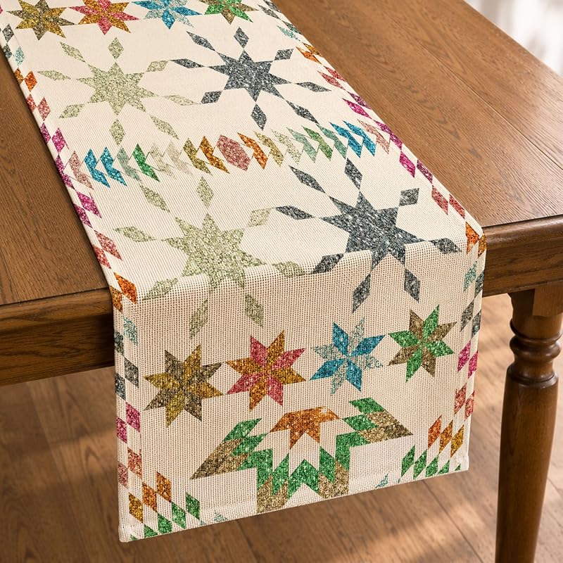 Multi Color Boho Mandala Table Runner 72in, Linen Geometric Snowflake Star