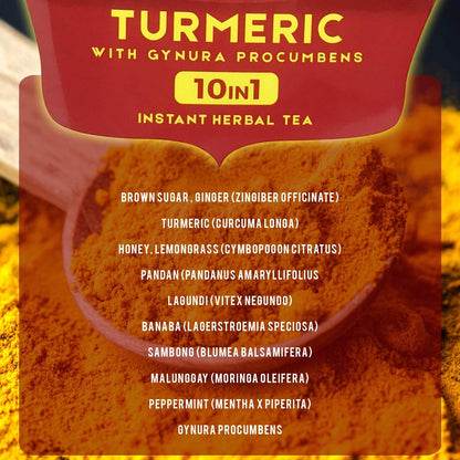 Turmeric Tea 10-in-1 Instant Powder drink w/ Gynura Procumbens Curcuminoids Curcumin Healthy natural herbs and spices Ginger, Lemongrass, Moringa, Naturall (1 Pack)_AB