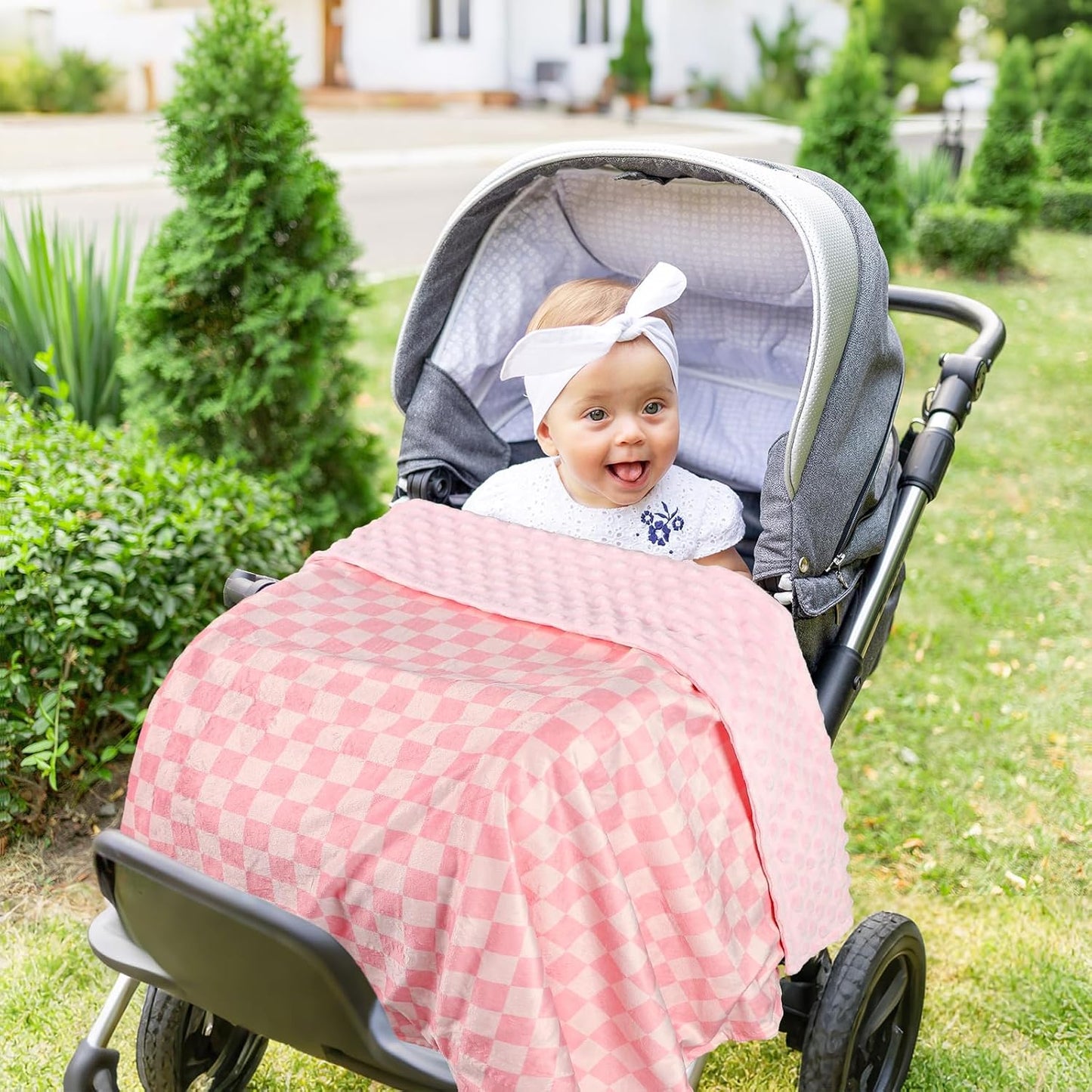 Skiennix Baby Blanket - Double Layer Toddler Crib Blanket with Dotted Backing | Pink Checkered, 30x40 Inches