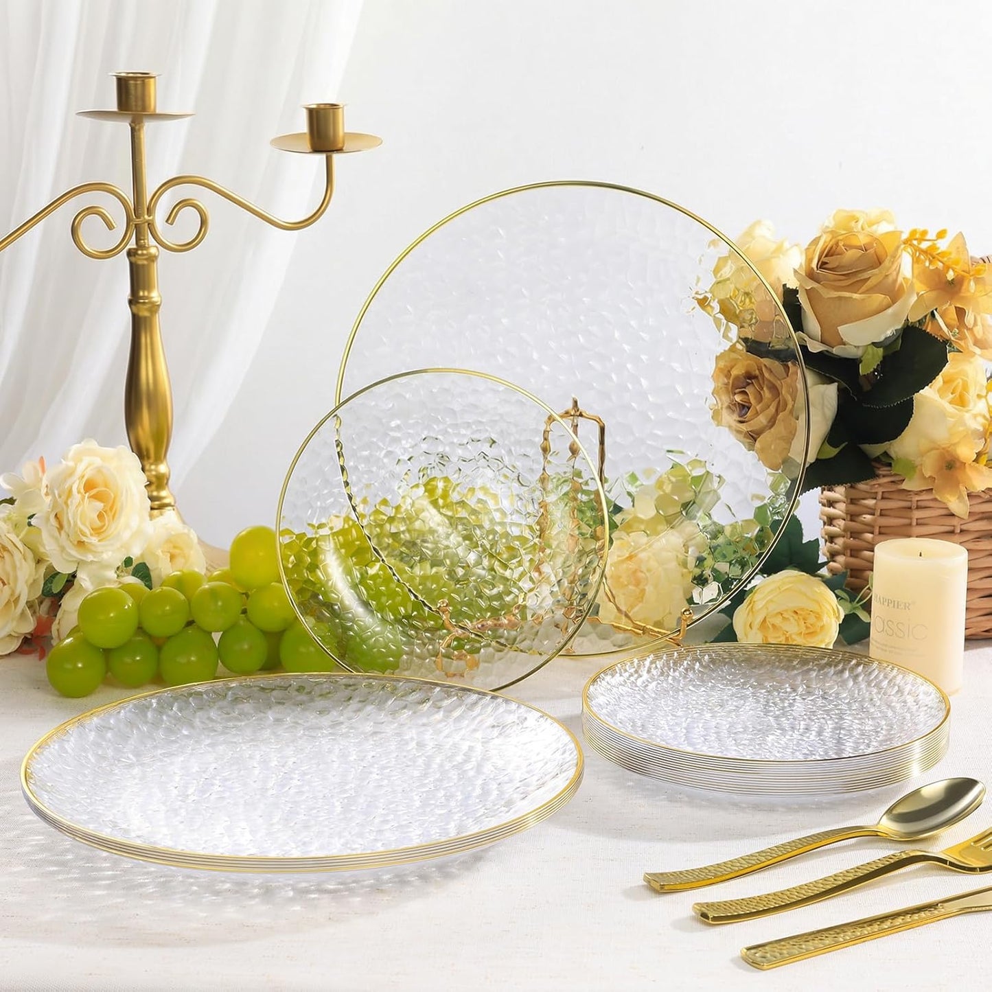 Regine Switzerland Crystal Clear Plastic Plates - Elegant Gold Rim Disposable Dinnerware Set | 50 Pcs (25 Dinner & 25 Salad Plates) for Parties & Weddings