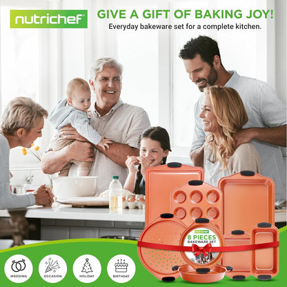NutriChef 8-Piece Nonstick Baking Pans Set - Durable Carbon Steel Bakeware with Heat-Safe Silicone Handles - Rose Gold