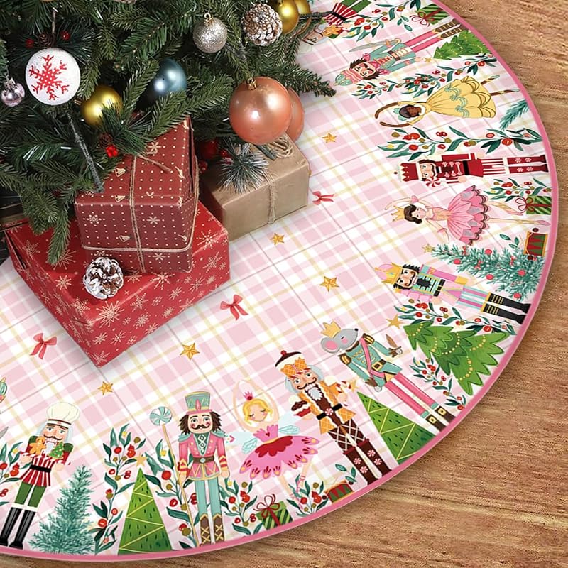 Christmas Tree Skirt 48 Inch - Pink Nutcracker Holiday Decor, Durable Polyester