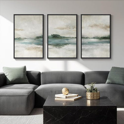 Large Framed Abstract Nature Landscape Wall Art - Set of 3 Modern Canvas Prints | 24x36 Inch Green Lake Decor for Living Room & Office