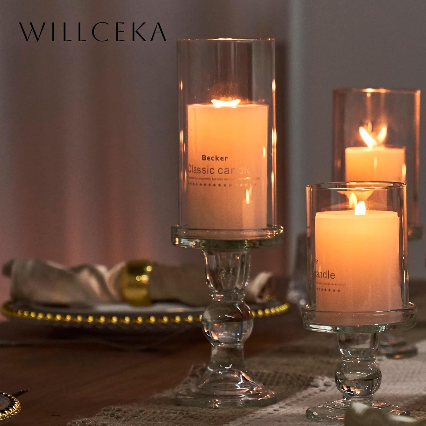 Skiennix Clear Candle Holders - Elegant Glass Pillar Set for Taper Candles | 3 Pieces
