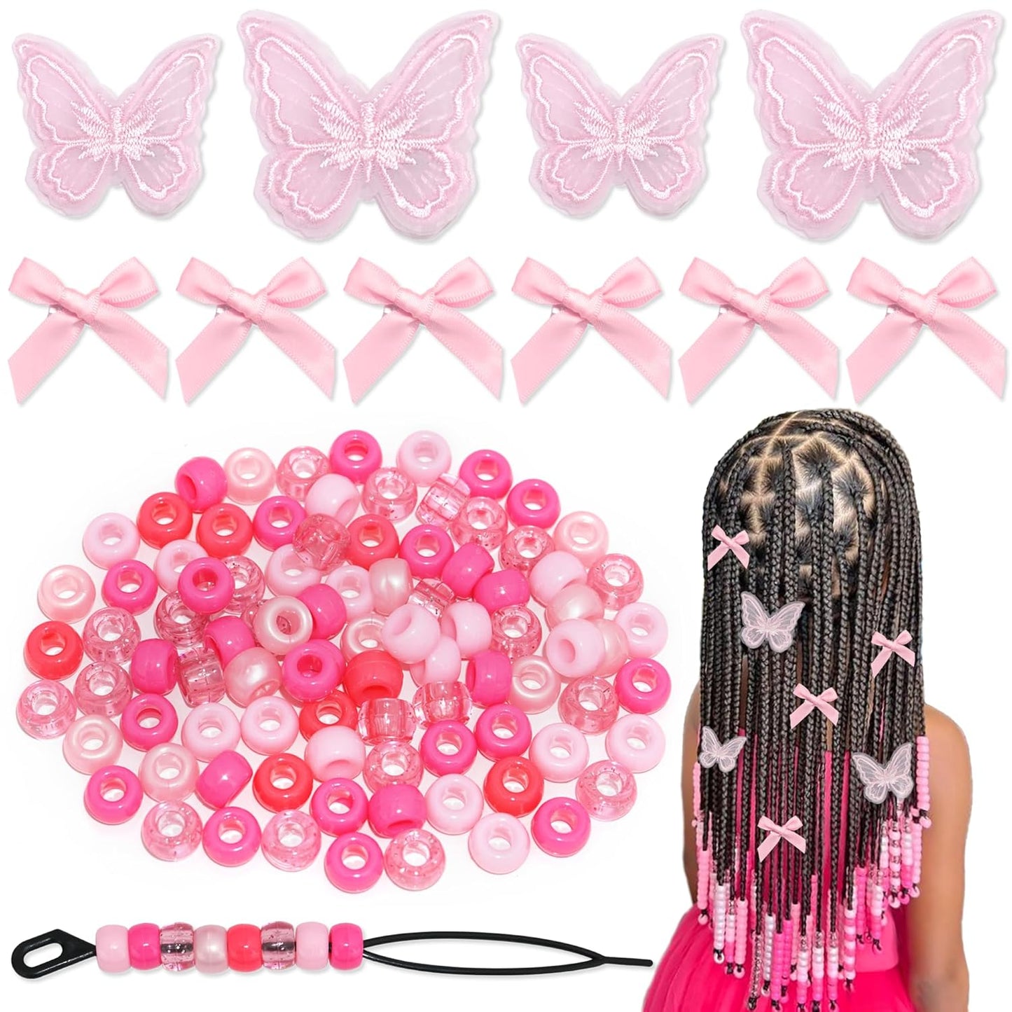 Skiennix 100PCS Small Pink Hair Beads - Gradient Acrylic Bows for Braids & Dreadlocks | Cute Accessories for Women & Girls