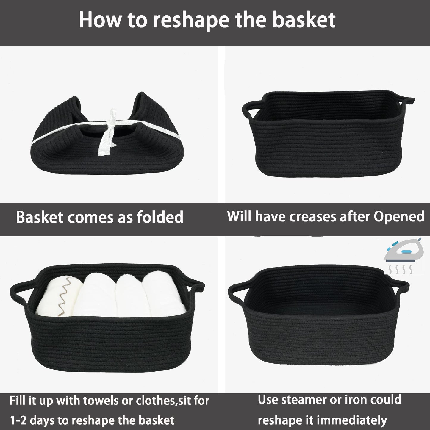 Woven Cotton Rope Storage Basket with Handles for Organizing Shelves Closet Small Cat Dog Pet Toy Basket Box Bin Decorative Rectangle Baby Nursery baskets Gift Baskets Empty Black