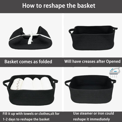 Woven Cotton Rope Storage Basket with Handles for Organizing Shelves Closet Small Cat Dog Pet Toy Basket Box Bin Decorative Rectangle Baby Nursery baskets Gift Baskets Empty Black