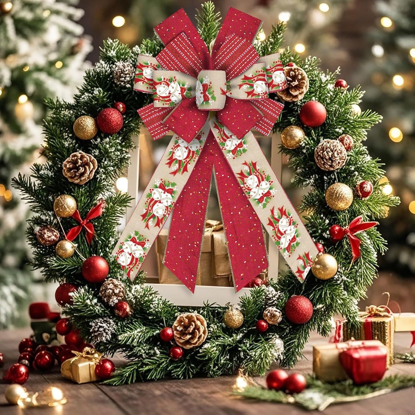 Skiennix Large Christmas Bow - 11.42" x 20.86" Red & Beige Wired Craft Bow with Bells & Holly Design for Holiday Decor