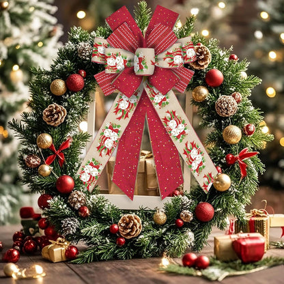 Skiennix Large Christmas Bow - 11.42" x 20.86" Red & Beige Wired Craft Bow with Bells & Holly Design for Holiday Decor