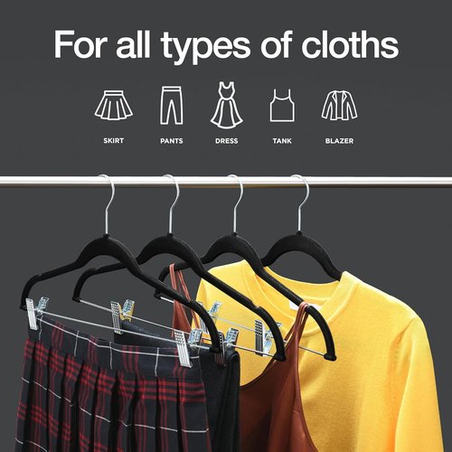 Home-it Pants Hangers - 10 Pack Black Velvet Non-Slip Clips for Space-Saving Clothing Storage