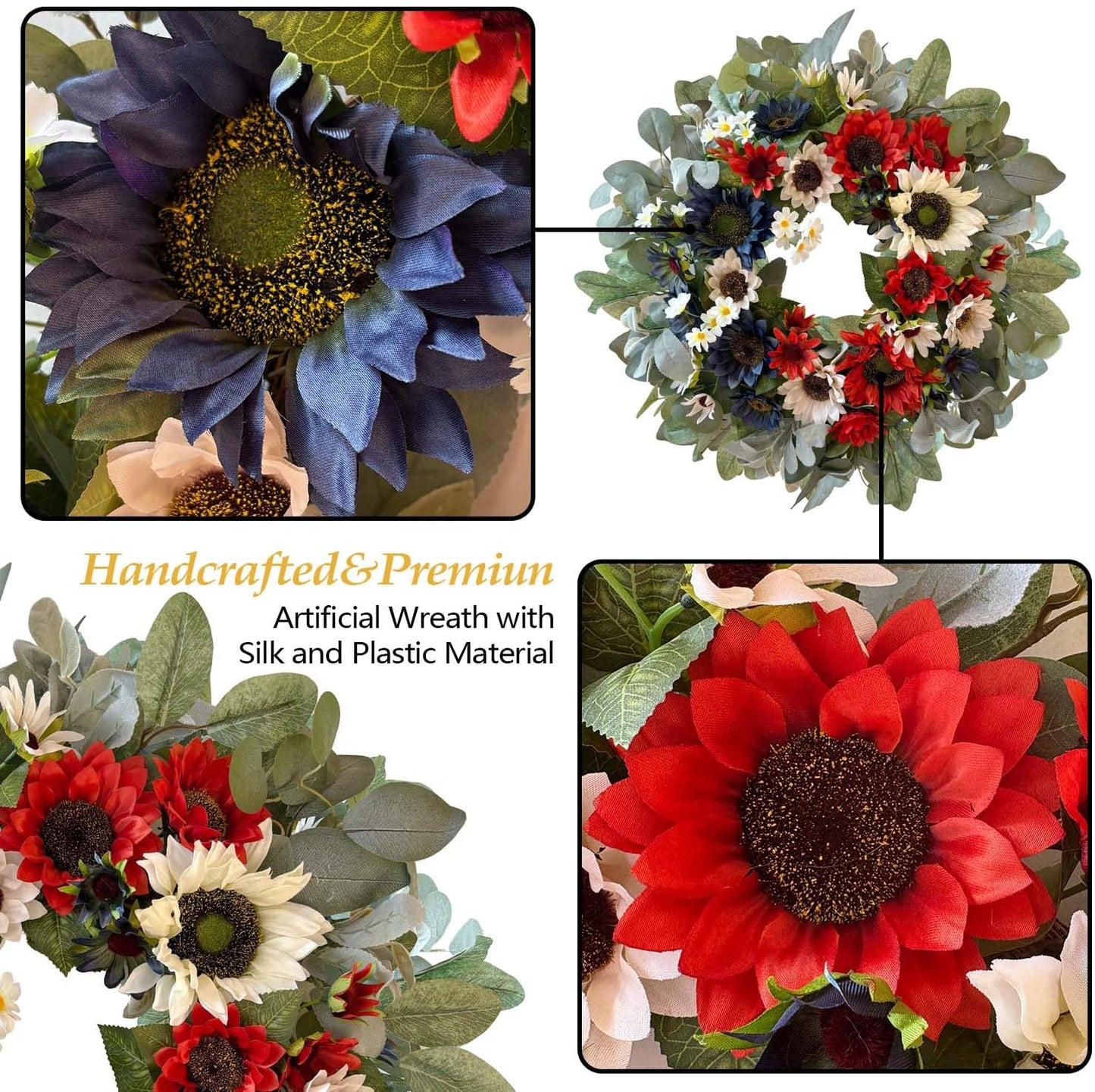 WANNA-CUL 24-Inch Patriotic Sunflower Wreath - Red, White & Blue 4th of July Door Decor