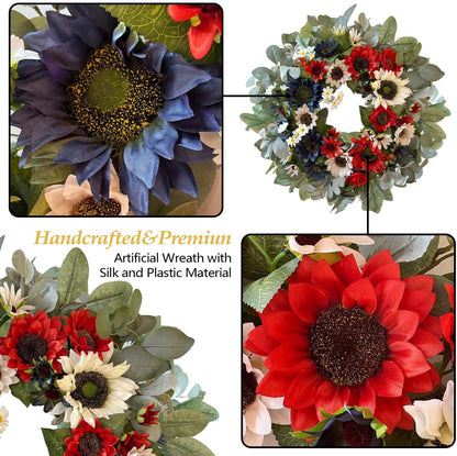 WANNA-CUL 24-Inch Patriotic Sunflower Wreath - Red, White & Blue 4th of July Door Decor