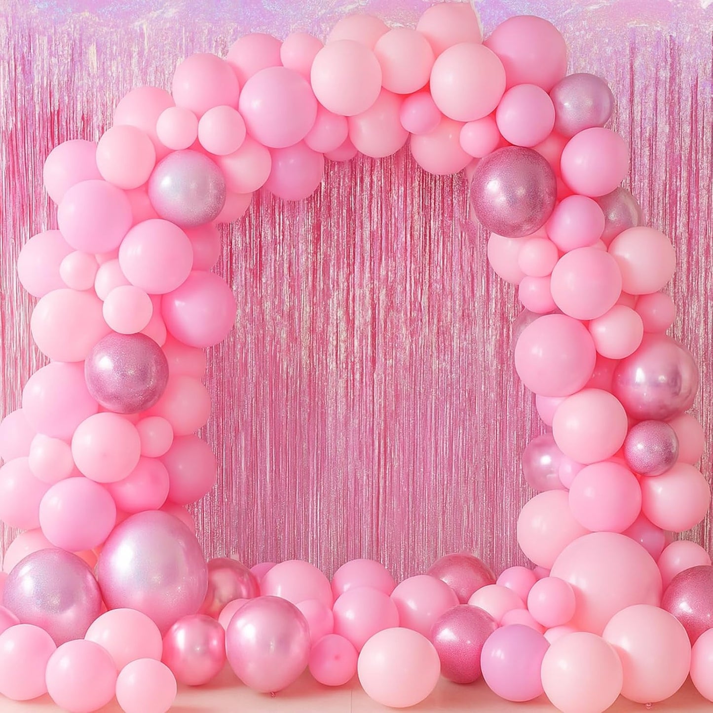 Voircoloria Laser Pink Tinsel Foil Fringe Curtains - 2 Pack Metallic Backdrop for Parties & Celebrations
