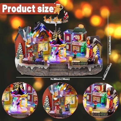 Animated Christmas Village Scene - Santa Sleigh, LED Lights & Rotating Carousel | Musical Holiday Display