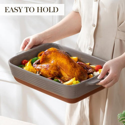 MALACASA Lasagne Dish - 4.8 Qt Brown Ceramic Baking Pan with Handles | 9 x 13 Inches, Deep Casserole Dish